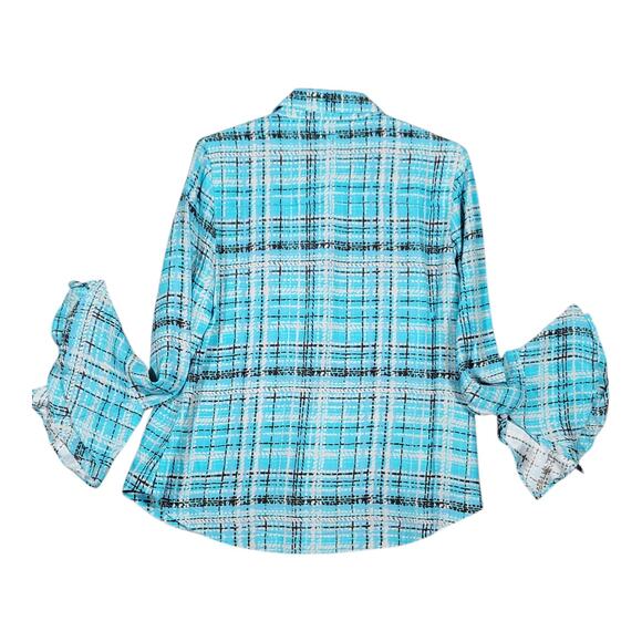 Tyler Boe Ellery Silk Plaid Button Up  Bell Sleeve Multi Top Women's Size 12 - Picture 2 of 10